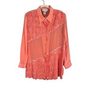 Diane Gilman Silk Floral Lace Top 1X Orange Retro Classic Preppy Mod Boho Chic
